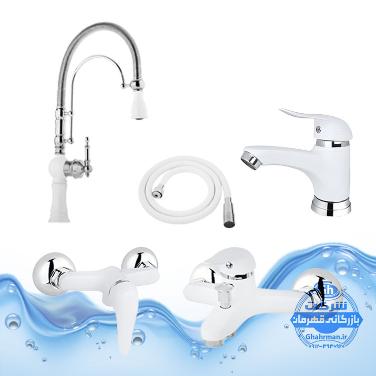 ست ۵ عددی شیرآلات برند آیدا صنعت مدل بیزانس و دنیز | شیر روشویی اهرمی + شیر ظرفشویی بیزانس تکمنظوره + شیر حمام + شیر توالت + شلنگ توالت | سفید کروم براق