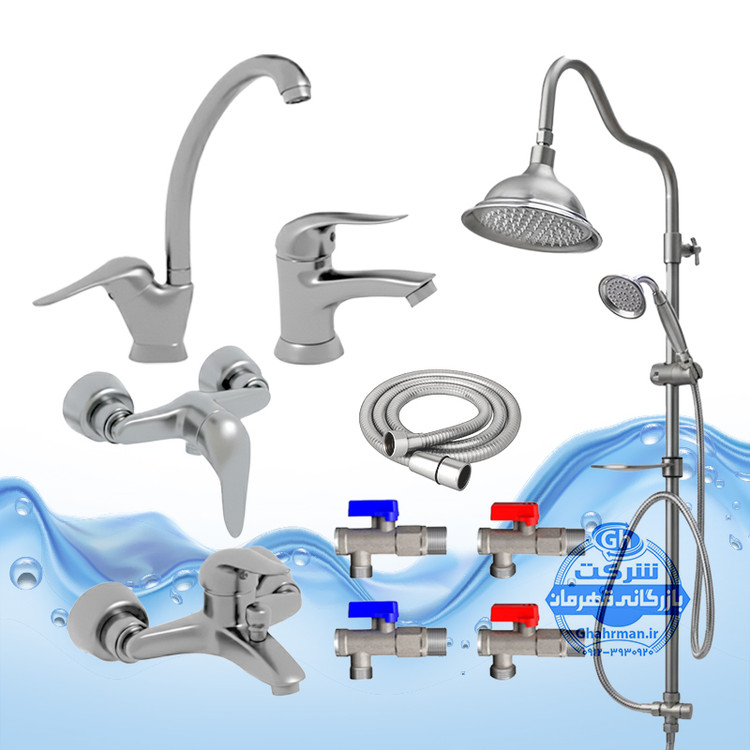 ست ۱۰ عددی شیرآلات برند آیدا صنعت مدل دنیز | شیر ظرفشویی + شیر روشویی + شیر حمام + شیر توالت + علم دوش شیپوری + شلنگ توالت + چهار عدد شیر پیسوار | کروم مات