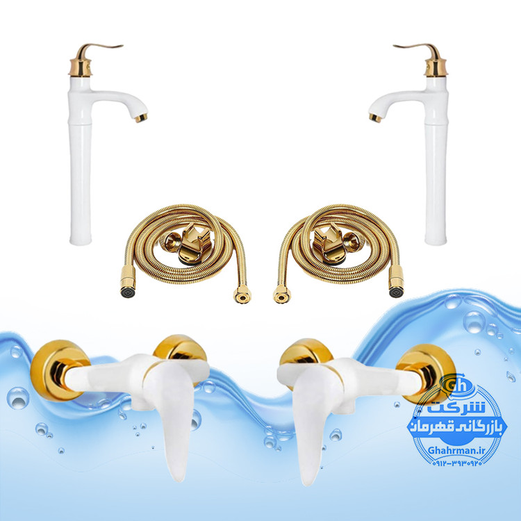 ست ۶ عددی شیرآلات مدل دنیز | ۲ عدد شیر روشویی پایهبلند بامبو + ۲ عدد شیر توالت + ۲ عدد شلنگ توالت | سفید طلایی