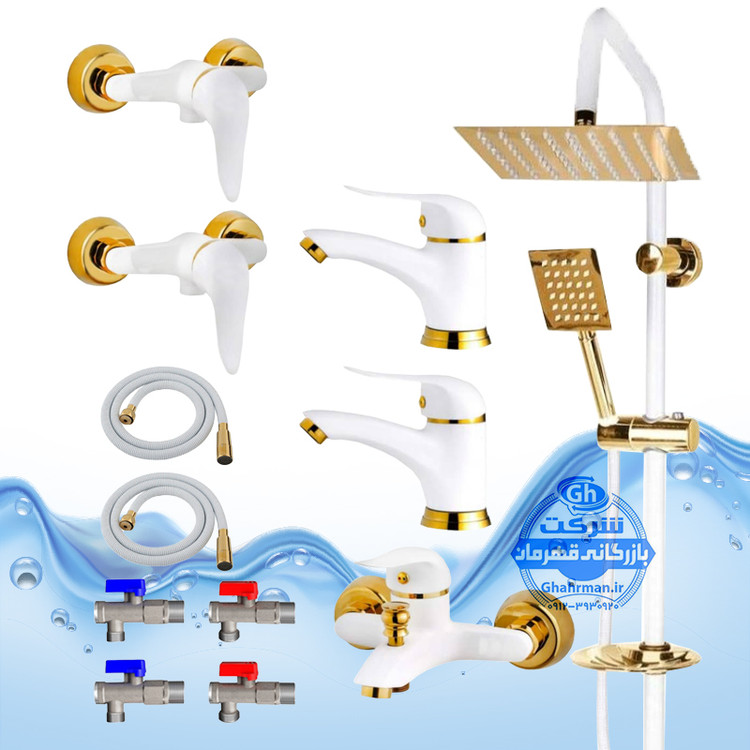 ست ۱۲ عددی شیرآلات برند آیدا صنعت مدل دنیز | دو عدد شیر روشویی + شیر حمام +دوعدد شیر توالت + علم دوش صفحه استیل + دو عدد شلنگ توالت + چهار عدد شیر پیسوار | سفید طلایی