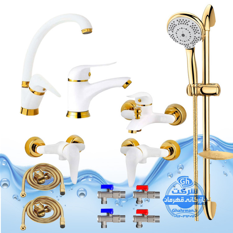 ست ۱۲ عددی شیرآلات برند آیدا صنعت مدل دنیز | شیر ظرفشویی + شیر روشویی + شیر حمام + شیر توالت + علم دوش یونیکا کروم + دو عدد شلنگ توالت + دو عدد شلنگ استیل + چهار عدد شیر پیسوار | سفید طلایی