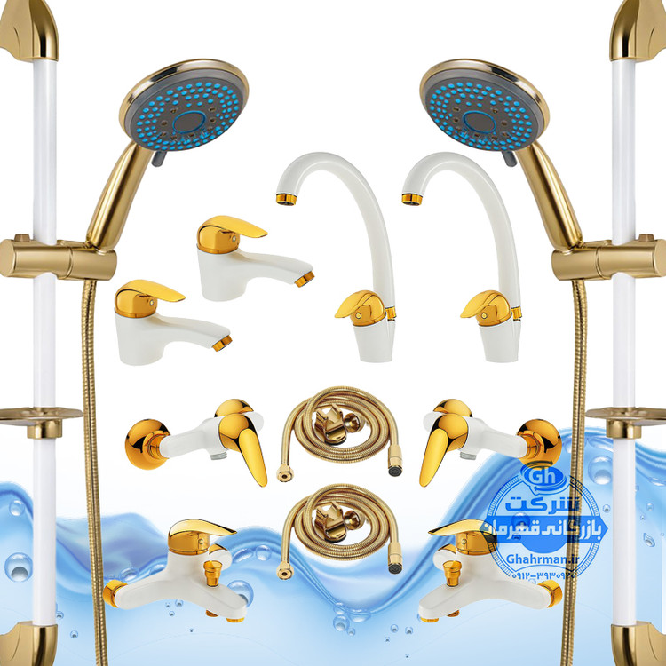 ست ۱۲ عددی شیرآلات برند آیدا صنعت مدل قهرمان اردکی | دو عدد شیر ظرفشویی + دو عدد شیر روشویی + دو عدد شیر حمام + دو عدد شیر توالت + دو عدد علم دوش یونیکا کروم + دو عدد شلنگ توالت | سفید طلایی