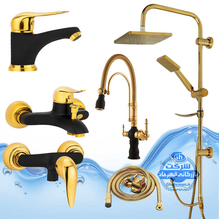 ست ۶ عددی شیرآلات مدل دنیز | شیر ظرفشویی دومنظوره کلاسیک فنری بیزانس + شیر روشویی + حمام + توالت + شلنگ توالت + علم دوش اتومات مربع | مشکی طلایی