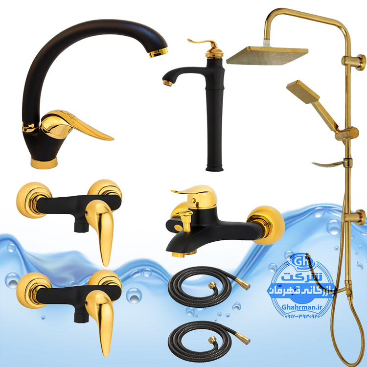 ست ۸ عددی شیرآلات برند آیدا صنعت مدل دنیز | شیر ظرفشویی + روشویی پایهبلند + حمام + دو عدد توالت + علم دوش یونیورست رسوبگیر اتومات + دو شلنگ توالت | مشکی طلایی
