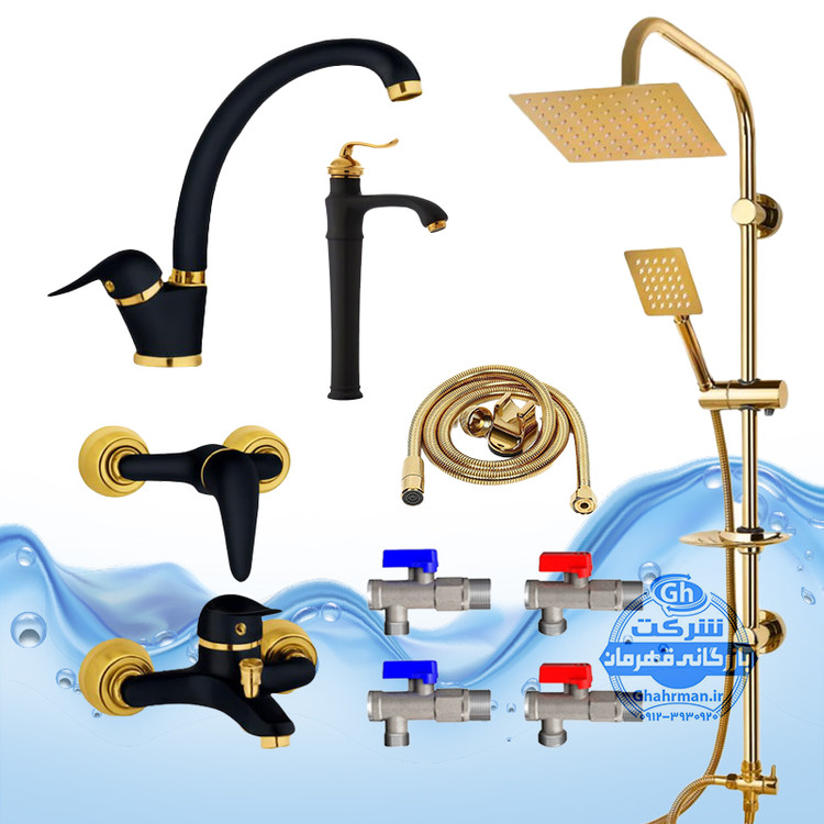 ست ۱۰ عددی شیرآلات برند آیدا صنعت مدل دنیز | شیر ظرفشویی + شیر روشویی پایه بلند مدل بامبو + شیر حمام + شیر توالت + علم دوش صفحه استیل + شلنگ توالت + چهار عدد شیر پیسوار | مشکی طلایی