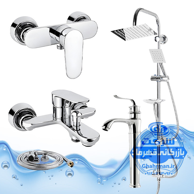 ست ۵ عددی شیرآلات برند آیدا صنعت مدل ونتو | روشویی پایهبلند + ظرفشویی + حمام + توالت با شلنگ + علم دوش صفحه استیل | کروم براق ( استیل براق )