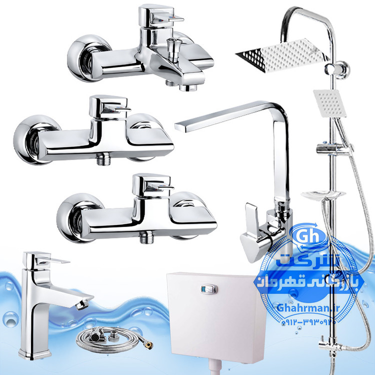 ست ۸ عددی شیرآلات برند آیدا صنعت مدل برمودا | شیر ظرفشویی + روشویی + حمام + ۲ عدد شیر توالت + علم دوش یونیورست صفحه استیل + شلنگ توالت + فلاشتانک دیواری | کروم براق ( استیل براق )