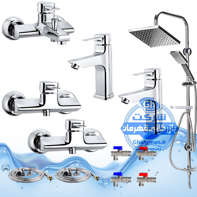 ست ۱۲ عددی شیرآلات برند آیدا صنعت مدل برمودا | دو عدد شیر روشویی + شیر حمام + دو عدد شیر توالت + علم دوش یونیورست رسوبگیر + دو عدد شلنگ توالت + چهار عدد شیر پیسوار | کروم براق ( استیل براق )